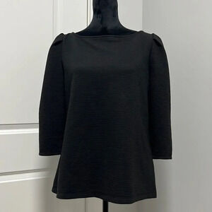 Worthington women’s boat neck puff 3/4 length sleeves black ribbed blouse size L